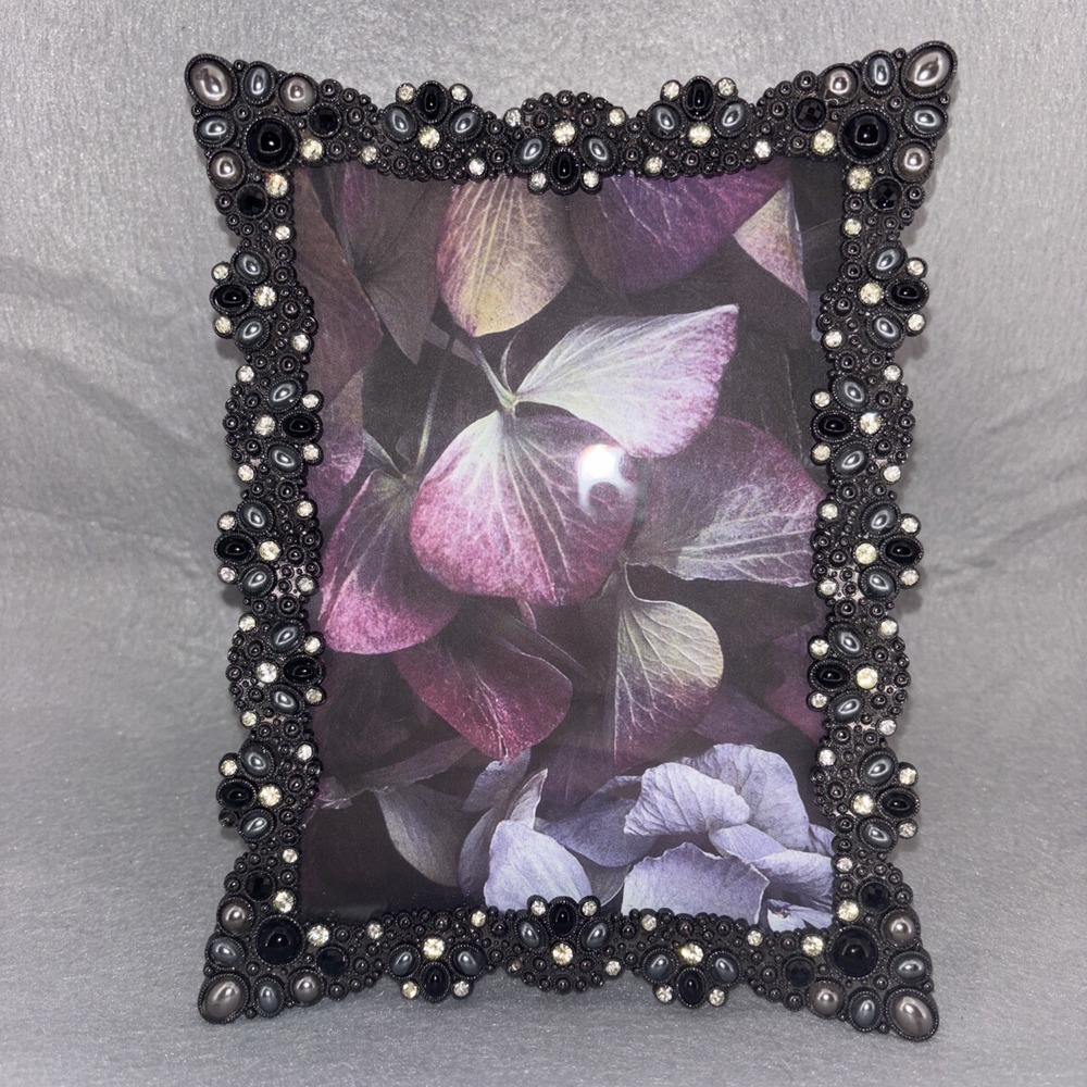 Ornate Jeweled Metal Picture Frame 5‎ X 7 Rhinestones Faux Onyx Silver Tone EUC